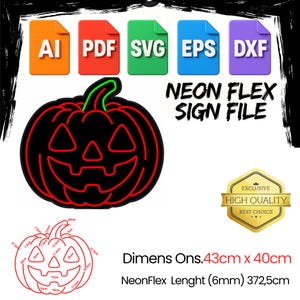 May include: A black and red neon flex sign file featuring a jack-o'-lantern design. The image includes file type icons and the text "NEON FLEX SIGN FILE". Dimensions are 43cm x 40cm, with a neon flex length of 372.5cm.