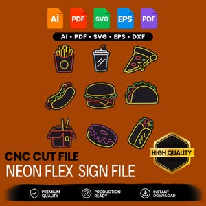Puede incluir: Una colección digital de iconos de comida estilo neón que incluye patatas fritas, bebida, pizza, perrito caliente, hamburguesa, taco, fideos, dónut y burrito. El archivo incluye formatos AI, PDF, SVG, EPS y DXF para corte CNC.