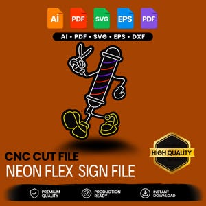 Puede incluir: Un gráfico digital de un personaje de poste de barbero con brazos y piernas, sosteniendo tijeras, con un diseño de rayas negras, rojas y azules con un contorno blanco. La imagen incluye iconos de formato AI, PDF, SVG, EPS y DXF, con los textos CNC CUT FILE, NEON FLEX SIGN FILE y HIGH QUALITY.