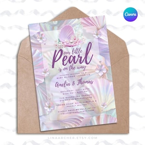 Our Little Pearl Baby Shower Invitation •  Ocean Seashell Theme • Canva Template • Digital • Printable • Instant Download • 88WFKM
