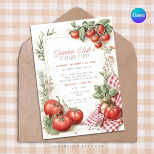 Fiesta de verano o cena al aire libre del club de jardinería con temática de tomates • Plantilla editable de Canva • Invitación de cumpleaños Pomodoro Palooza • UJ8L0Q