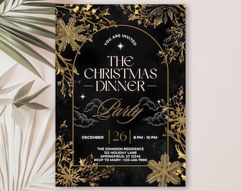 Christmas Dinner Invitation - Black and Gold Design - Elegant Holiday Party Invite