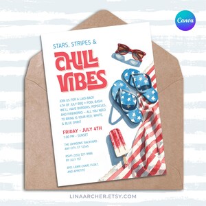 Stars & Stripes-uitnodiging voor zwembadfeest • Canvasjabloon 4 juli • Rood wit blauwe BBQ-zomer verjaardagsuitnodiging • GH8I0R