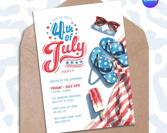 Stars & Stripes BBQ and Pool Party Invitation • 4th of July Canva Template • Red White Blue Summer Birthday Invite • GH8I0R