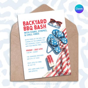 Stars & Stripes Grill- und Pool-Party Einladung • 4. Juli Canva Vorlage • Rot Weiß Blau Sommer-Geburtstags-Einladung • GH8I0R