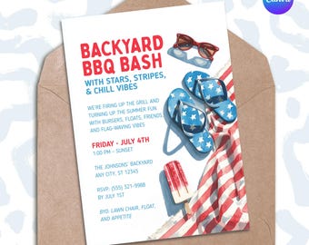May include: Invitation to a backyard BBQ bash with stars, stripes, and chill vibes. The party is on Friday, July 4th at 1:00 PM. The event will be held at The Johnsons' Backyard, Any City, ST 12345. RSVP by July 1st. Guests are asked to bring a lawn chair, float, and appetite.
