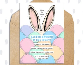 Invito per brunch di Pasqua e caccia alle uova / Segui il coniglietto / Festa di primavera / Modello Canva modificabile / Minimalista