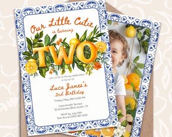 Mediterranean Second Birthday Invitation • TWO-tally Sweet Orange & Lemon Party • Editable Canva Template • MGKGJZ