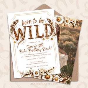 Boho Festival Geburtstagseinladung • Geboren, um wild zu sein Canva Vorlage • Coachella Party Bearbeitbar Einladen • JPD0E5