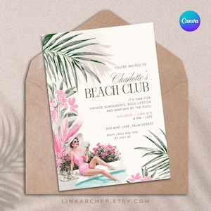 Beach Club Summer Birthday Invitation • Pink Poolside Canva Template • Retro Palm Royale Chic or Cabana Theme Pool Party • U6B8TJ
