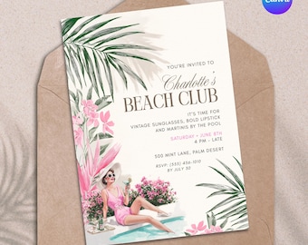 Beach Club Birthday Invitation: Pink Pool Party Canva Template (5x7)