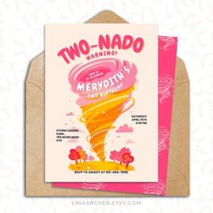 Invito di compleanno a tema tornado - Festa di compleanno a tema twister - Modello Canva modificabile - Tema Storm Chaser - Download immediato - Two-nado
