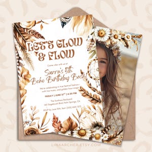 Boho Festival Geburtstagseinladung • Glühen und Fluss Canva Vorlage • Coachella Party Bearbeitbar Einladen • JPD0E5