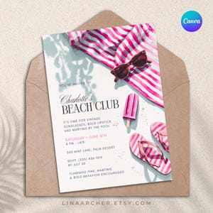 Beach Club Summer Birthday Invitation • Pink Poolside Canva Template • Retro Palm Royale Chic Pool Party or Backyard Soirée • U6B8TJ