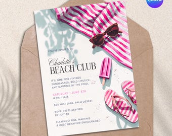 Beach Club Birthday Invitation: Pink Pool Party Canva Template