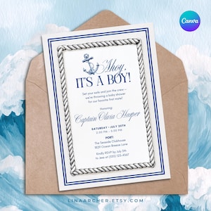 Ahoy It’s a Boy Baby Shower Invitation • Nautical Blue Party Invite • Editable Canva Template • Printable Baby Boy Shower • 3AJPY1