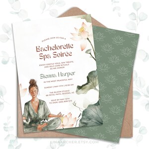 May include: A white invitation with a watercolour illustration of a woman meditating in a lotus pose. The text reads "Please join us for a Bachelorette Spa Soirée. Enjoy gentle yoga, spa treats, and self-care rituals as we honour Sienna Harper in the most peaceful way. Sunday May 11th | 10:30 AM. The Bloom Studio 88 Petal Path, Sedona, AZ. RSVP by May 15th to Jade: (555) 808-1212."