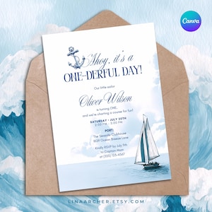 Ahoy First Birthday Invitation • Nautical 1st Birthday Party Invite • Editable Baby Boy Sailor Theme • Canva Template • 3AJPY1