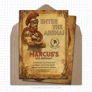 Invito di compleanno del gladiatore / Compleanno dell'antica Roma / Mitologia greca antica / Modello Canva modificabile / Download digitale stampabile