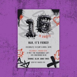 Sweet Sixteen Geburtstagseinladung - Rebel Sixteen Punk Rock 16. Geburtstag einladen - Bearbeitbare Canva Vorlage