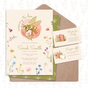 Invitación para baby shower de mamá abejita / Flores silvestres editables / Invitación para abejita / Diseño floral / Tarjetas de rifa de pañales / Baby Shower de miel