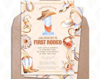 May include: A watercolor-style invitation for a first birthday party with a cowboy theme. The invitation features a cowboy hat, a lasso, a horseshoe, and a sheriff's star. The text on the invitation reads "Saddle Up For Jackson's First Rodeo".