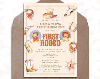 Twins First Rodeo Birthday Invitation: Cowboy Cowgirl (Digital Download)