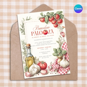 Fiesta en el jardín o cena al aire libre con temática de tomates • Plantilla editable de Canva • Invitación de cumpleaños Pomodoro Palooza • UJ8L0Q