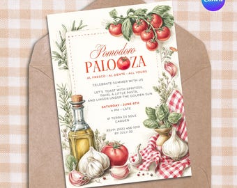 Tomato-Themed Garden Party or Al Fresco Dinner • Editable Canva Template • Pomodoro Palooza Birthday Invitation • UJ8L0Q
