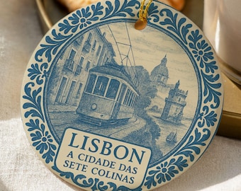 Lisbon Ornament – Blue Tile Ceramic Tram Portugal Travel Keepsake O124