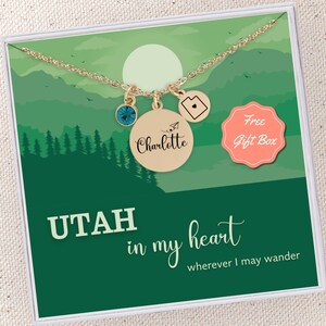 Custom State Utah Necklace Silver Utah State Jewelry Personalized Birthstone Name Pendant Utah State Outline Necklace with Heart Moving Away