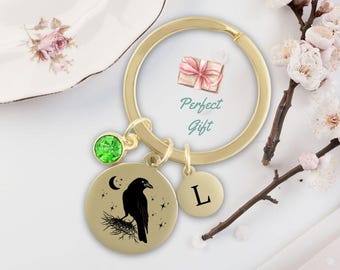 Personalized Crow Keychain Gift for Crow Lover Custom Birthstone Initial Pendant Key Chain Humorous Message Card Crow Raven Gift Bird Lovers