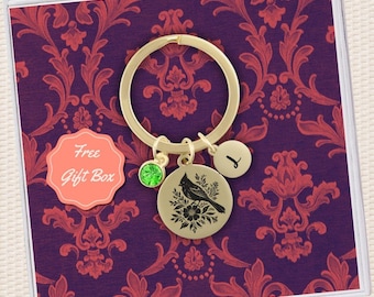Custom Cardinal Bird Keychain Gift for Bird Lover Personalized Birthstone and Cardinal Key Chain Silver Red Bird Keyring Nature Jewelry Gift