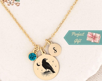 Black Raven Necklace • Personalized Crow Pendant with Birthstone & Initial • Gift for Crow Lover