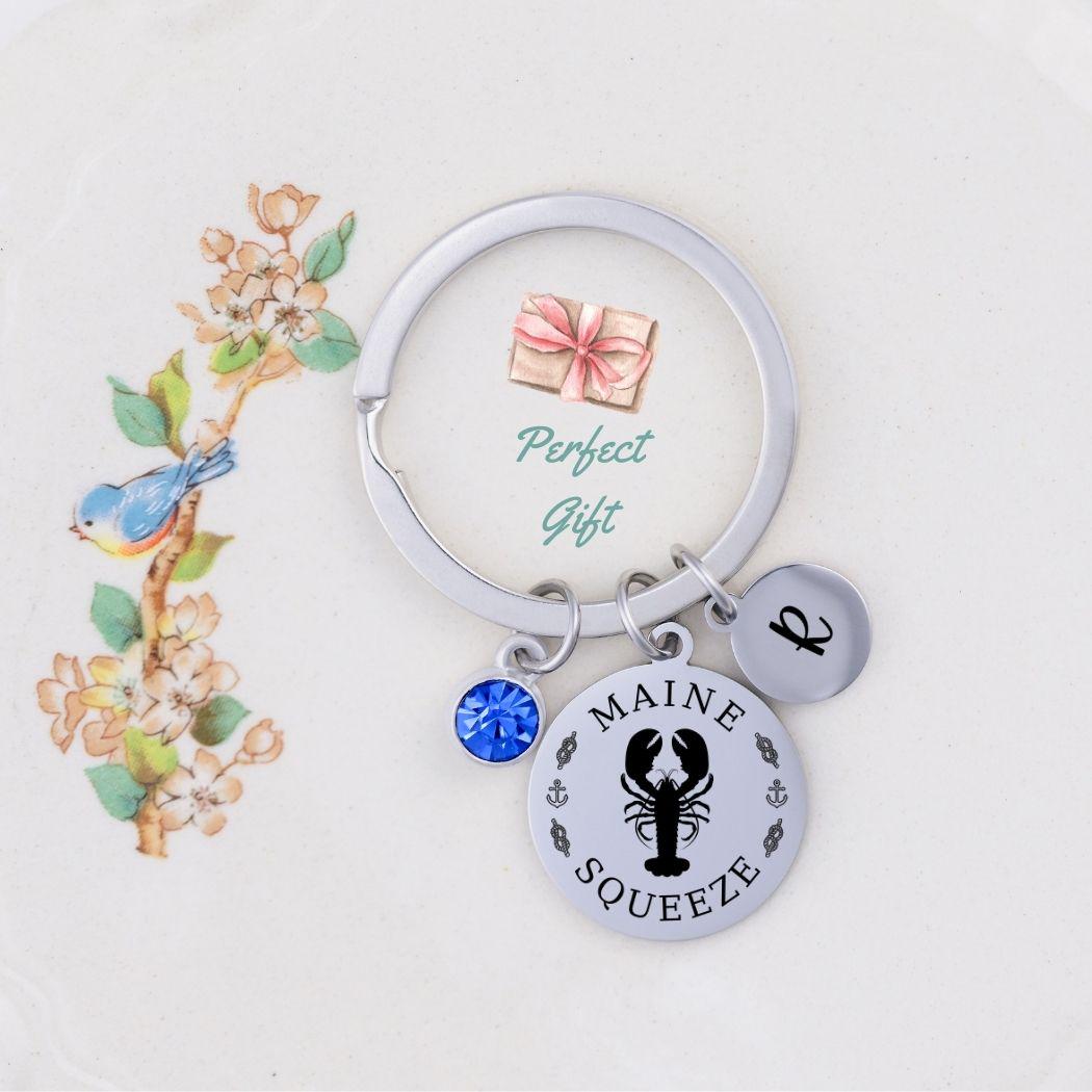 Lobster Keychain Funny Gift for Couple Keychain Maine Vacation Keepsake Custom Birthstone Initial Pendant Keychain Mainer Gift Maine Squeeze
