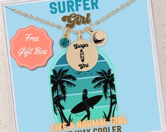 Personalized Surfer Girl Necklace, Gold Surfboard Pendant with Birthstone