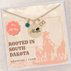 Custom State South Dakota Necklace Silver South Dakota State Jewelry Personalized Birthstone Name Pendant Gift for Cowgirl Jewelry Western