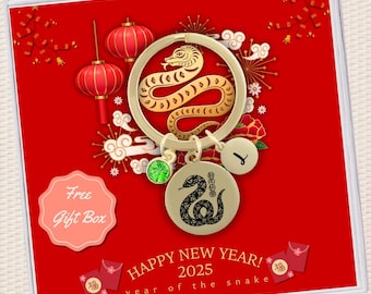 Chinese Zodiac Snake Keychain Gift Lunar New Year of the Snake Key Chain Custom Keyring Birthstone Initial Chinese New Year Protection Charm
