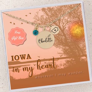 Custom State Iowa Necklace Silver Iowa State Jewelry Personalized Birthstone Name Pendant Iowa State Outline Necklace with Heart Moving Away