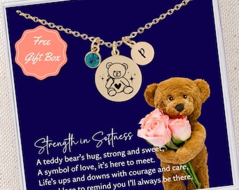 Custom Teddy Bear Gift Necklace with Birthstone Initial Message Card Jewelry Personalized Teddy Bear Necklace Cute Aesthetic Jewelry Kawaii