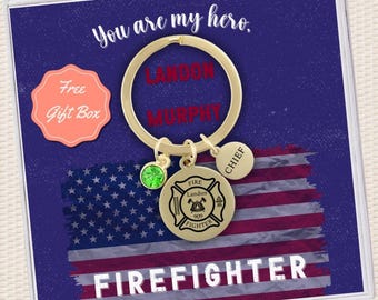 Custom Badge Firefighter Gift Keychain for Fire Fighter Fire Badge Number Pendant Key Chain Personalized Birthstone Initial Firefighter Gift