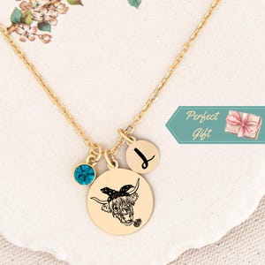 Personalized Cow Necklace Custom Highland Cow Birthstone Necklace for Women Cow Lovers Jewelry Gift for Birthday Custom Cow Necklace Gift