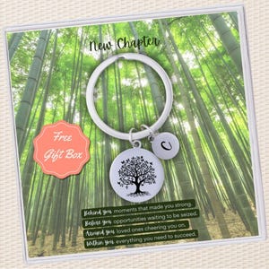 May include: A silver keychain with a tree of life charm and a letter charm. The keychain is in a clear box with a pink background and the words "New Chapter" and "Free Gift Box". The background image is a bamboo forest.
