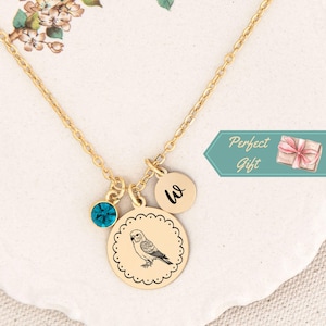 Personalized Parakeet Budgie Pendant Necklace for Parakeet Lover Gift Custom Birthstone Initial Disc Necklace Silver Budgie Bird Jewelry