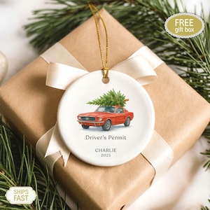 Personalized Driver's Permit Ornament: Watercolor Red Car Keepsake