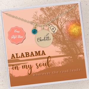 Custom State Alabama Necklace Silver Alabama State Jewelry Personalized Birthstone Name Pendant Alabama State Outline Necklace with Heart