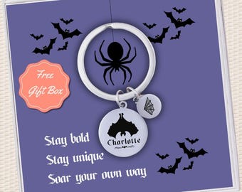 Personalized Bat Keychain, Gothic Halloween Gift with Birthstone