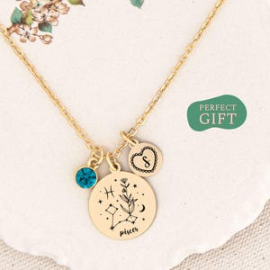 Personalized Pisces Necklace Gift Pisces Zodiac Necklace Pisces Constellation Custom Birthstone Initial Disc Pendant Pisces Birthday Jewelry