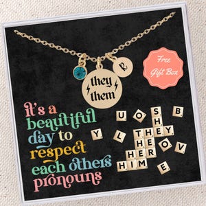 Custom Pronoun LGBTQ Pride Jewelry Necklace Gender Pronoun Pride Necklace Personalized Birthstone Pronoun Jewelry Subtle Pride Necklace Gift