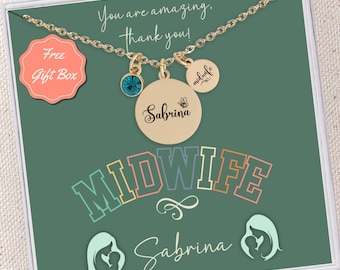 May include: A gold necklace with a charm that says "midwife" and a charm with the name "Sabrina". The necklace is in a box with a green background and the words "You are amazing, thank you!" and "Free Gift Box".